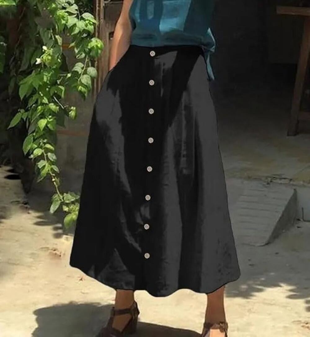 High Waisted Button Front Skirt A-Line Pleated Cotton Midi Long Skirt w/ Pockets